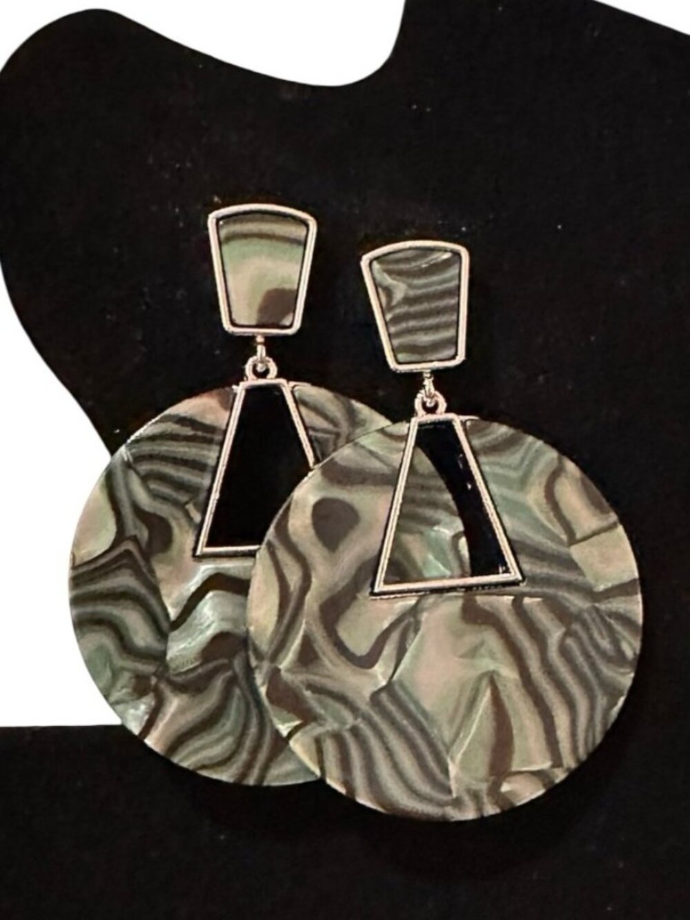 Geometric Statement Earrings Marbled Acrylic Discs Silver Tone Accent Triangle